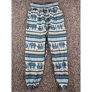 Womens Sz S blue and cream elephant print rayon harem pants Boho